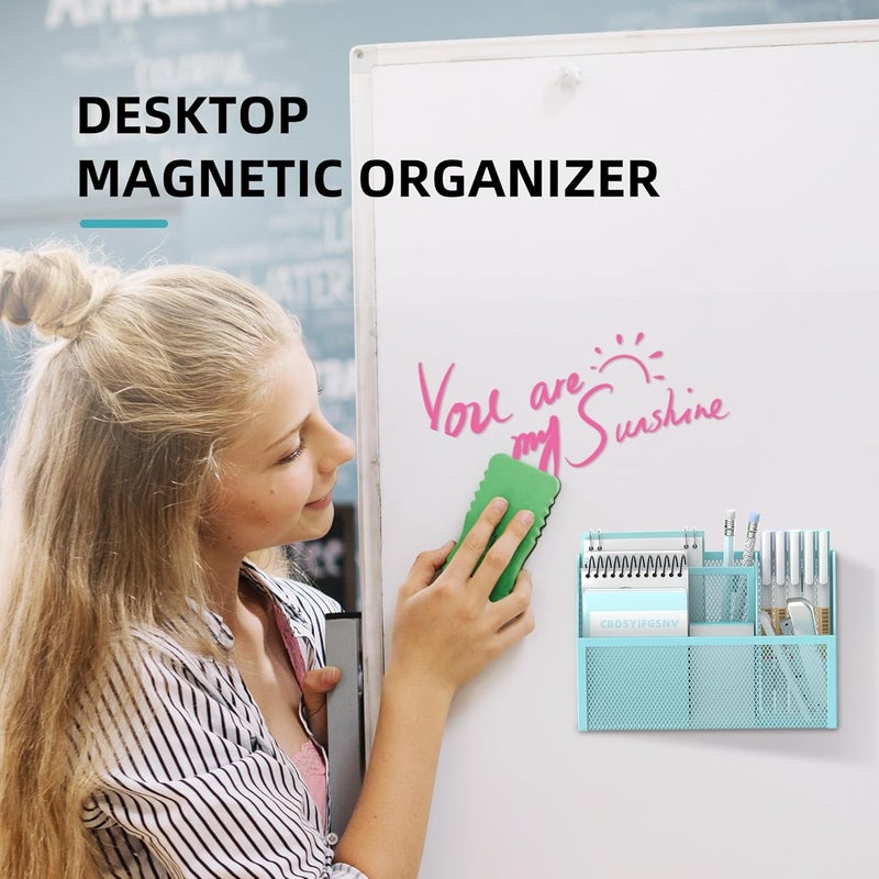 DALTACK Magnetic Pencil Holder - 3-Grid Mesh Shelf for Whiteboard, Refrigerator & Locker - Organizer for Home, School & Office, Blue - Image 2